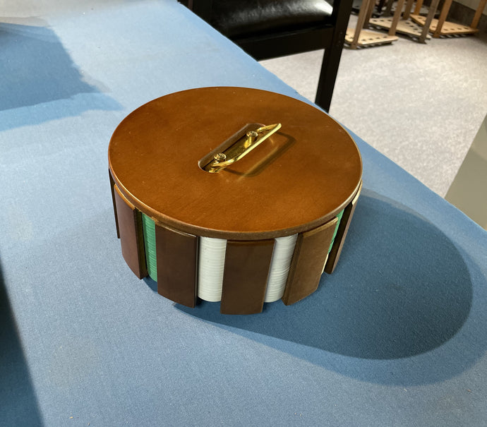 Wooden poker chip carousel with poker chips