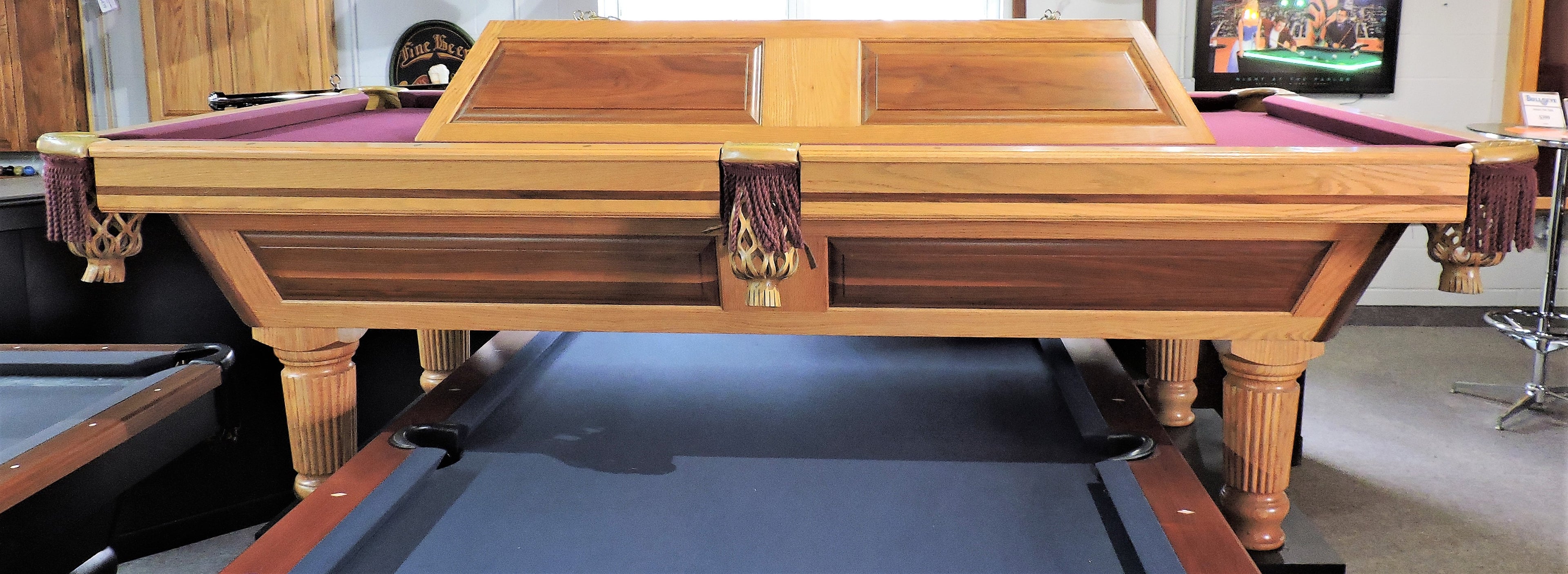 T.C.NAZ Raised panel walnut and red oak pool table and light combo showroom special