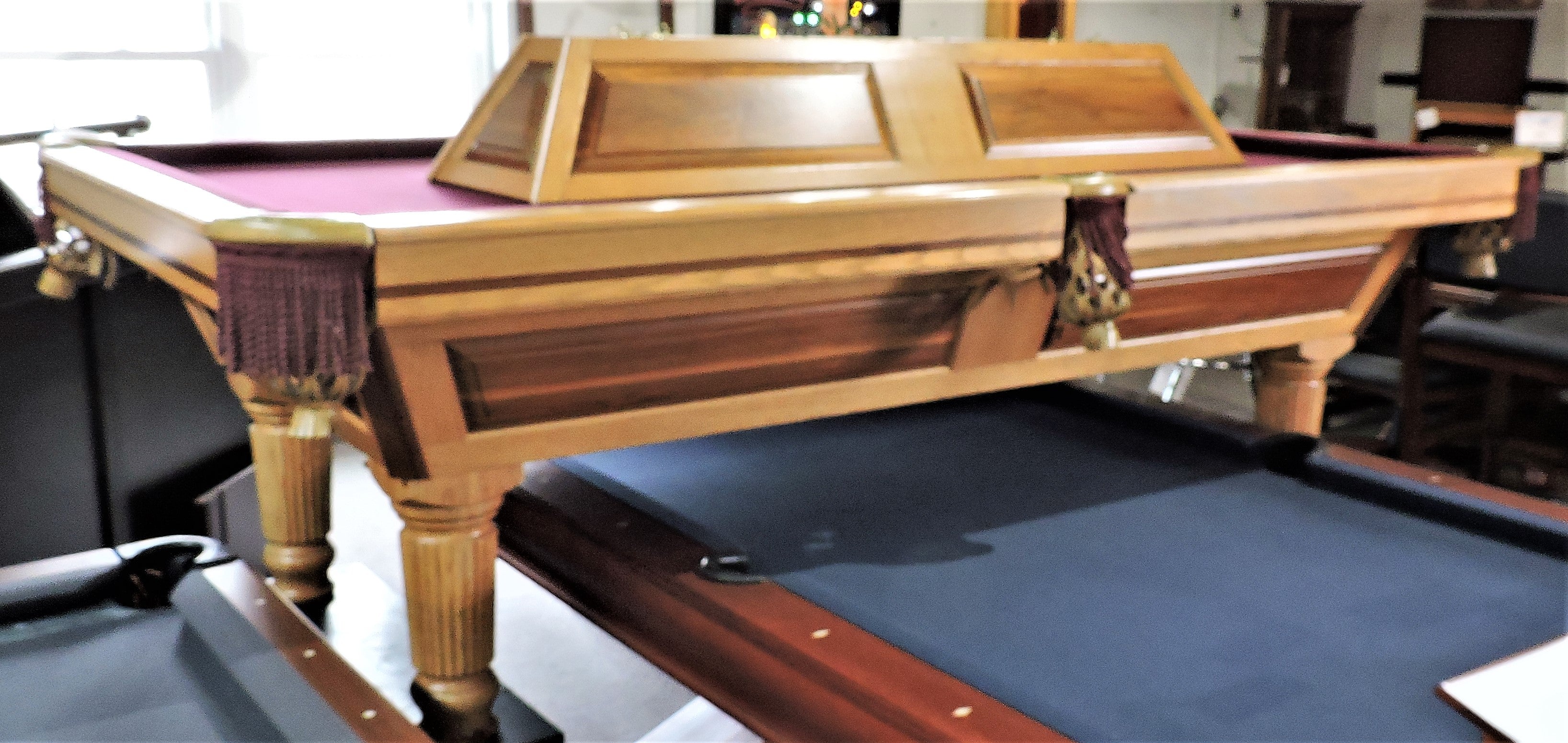 T.C.NAZ Raised panel walnut and red oak pool table and light combo showroom special