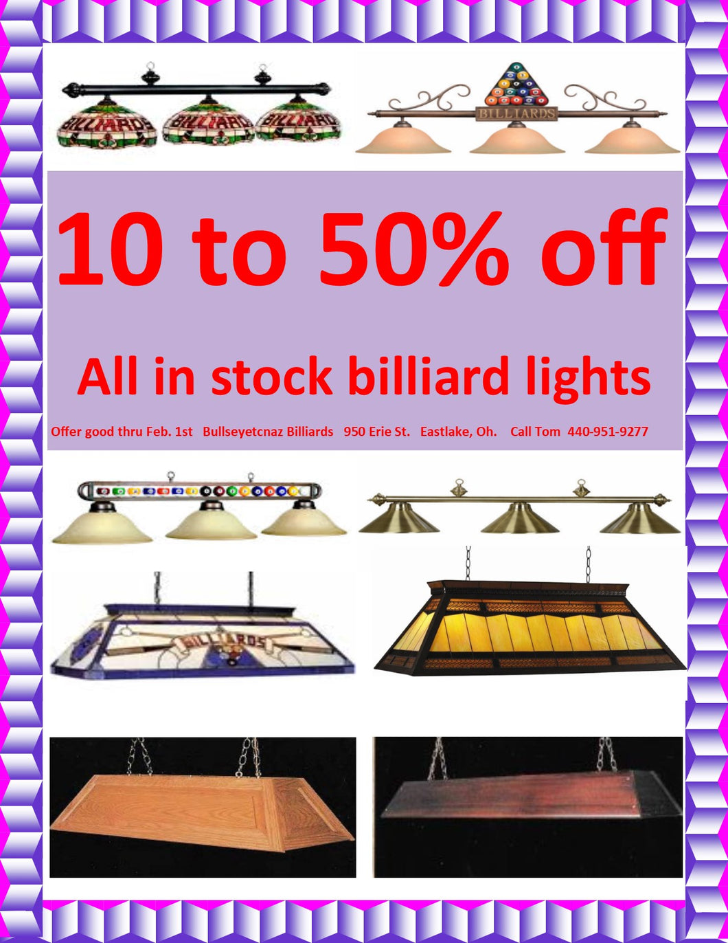 10% to 50% off all in stock billiard lights.