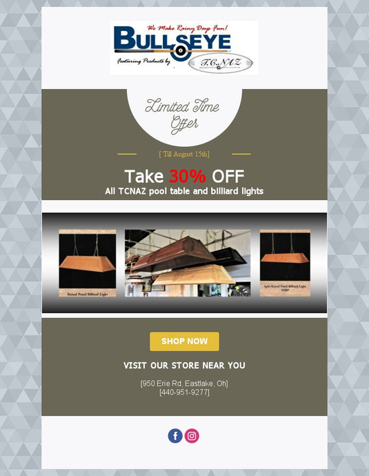 30% off all TCNAZ pool table and billiard lights